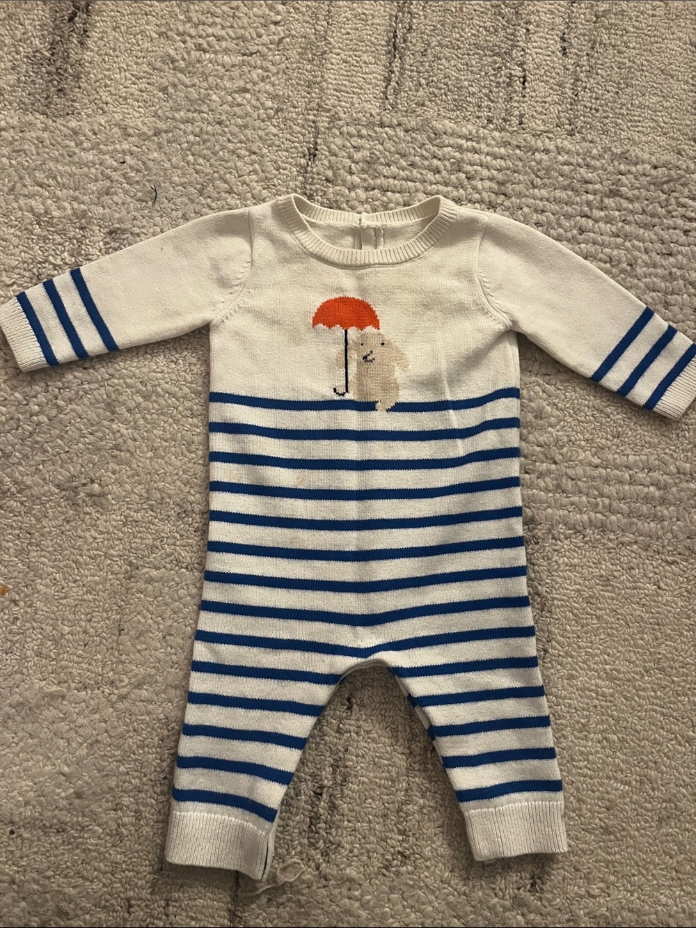 Jacadi Cream and Blue Striped Knit One-Piece with Orange Umbrella